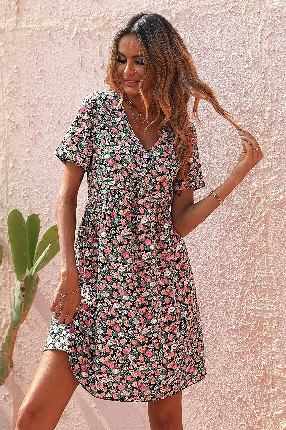 Summer Dress for Women Short Sleeve V Neck Ruffled Floral Swing A-Line Dresses
