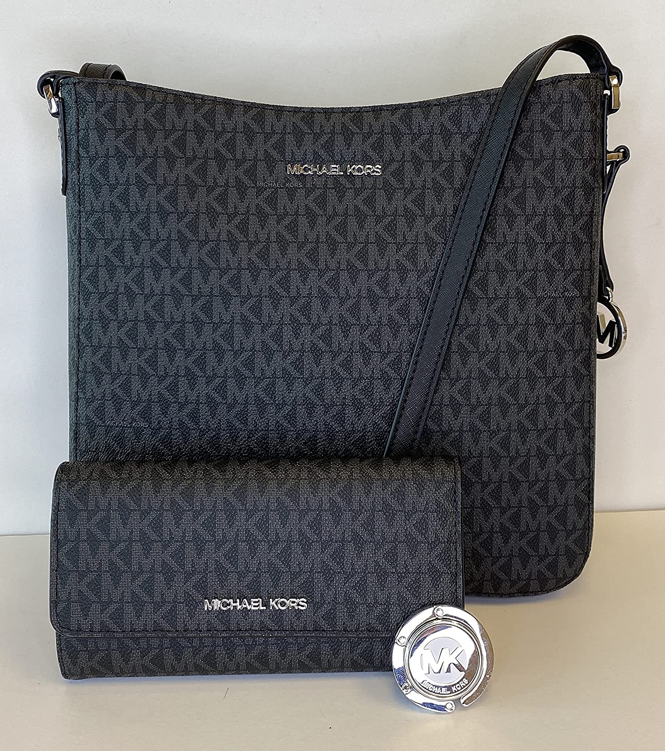 Michael Kors Jet Set Travel Large Messenger Crossbody bundle with Trifold Wallet and Michael Kors Purse Hook