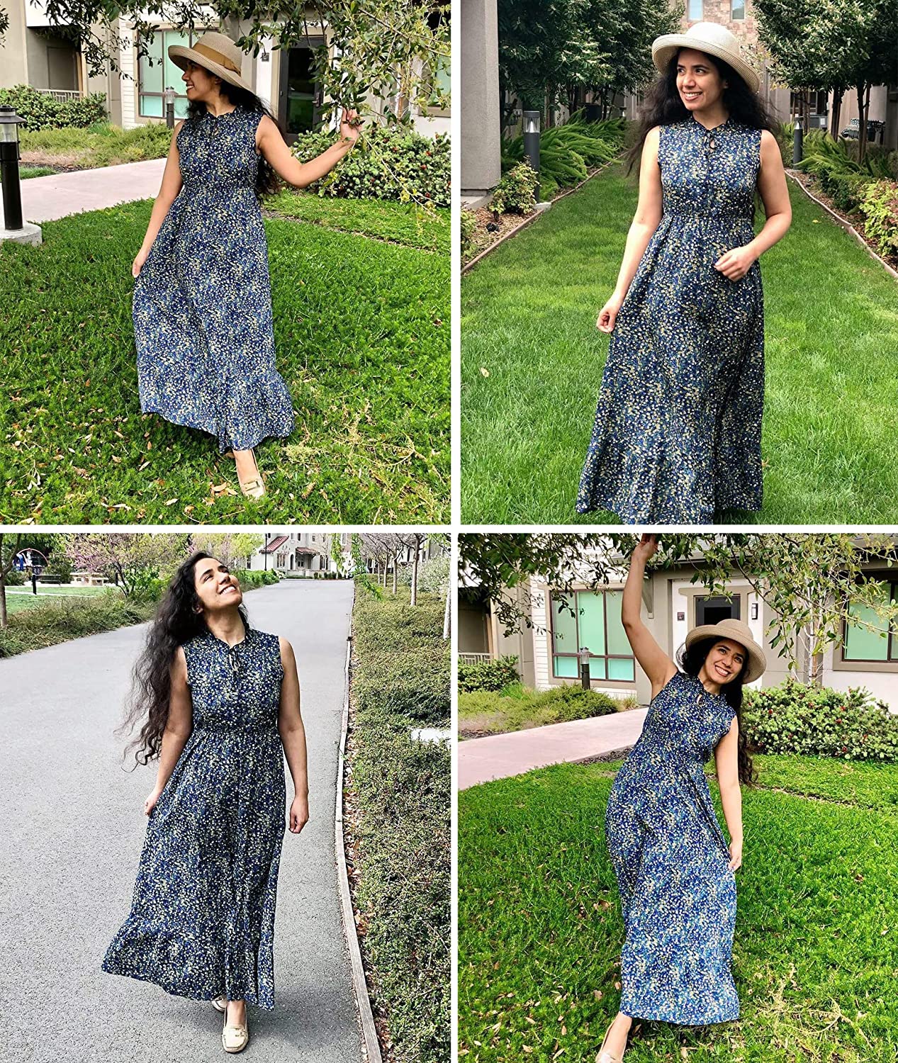 Women's Sleeveless Summer Tie Neck High Waist Casual Boho Dress Floral Print Ruffle Hem Long Beach Maxi Dresses