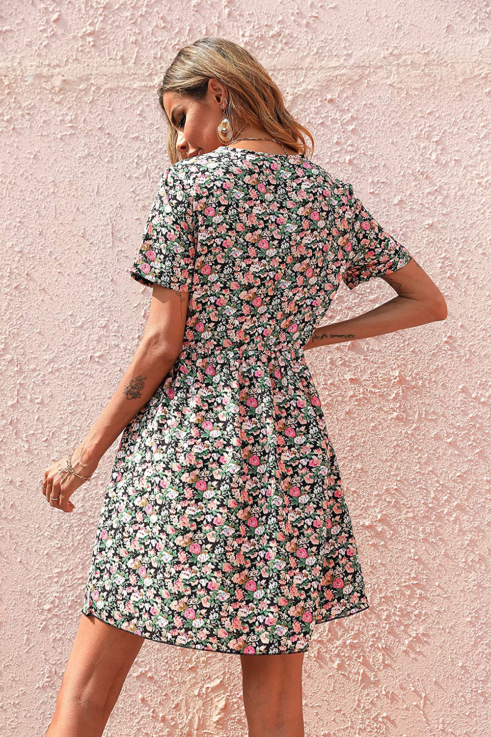 Summer Dress for Women Short Sleeve V Neck Ruffled Floral Swing A-Line Dresses