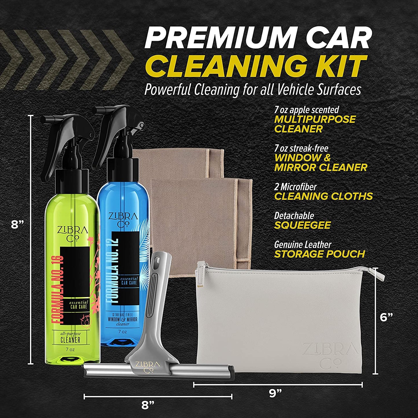 Car Cleaning Kit - All Purpose Cleaner Spray, Window Cleaner, Squeegee Scrubber, 2 Microfiber Glass Cleaner Cloth, Genuine Leather Pouch - Auto RV Accessories for Inside Surfaces, Glass, Windshield