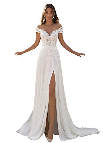 Sexy Beach Wedding Dresses with Slit for Bride Lace Chiffon Off Shoulder Bridal Gown