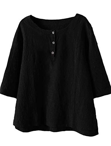 Women's 3/4 Sleeve Cotton Linen Jacquard Blouses Top T-Shirt