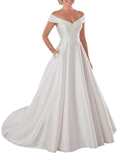 Wedding Dress Long Off The Shoulder Satin Bridal Gowns with Pockets