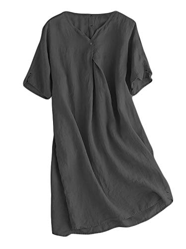 Women's Linen Tunic Dresses V-Neck Baggy Midi Dress Hi-Low Tops