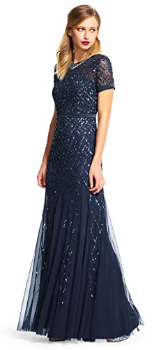 Papell Women's Short-Sleeve Beaded Mesh Gown