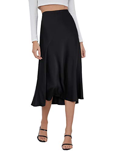 Women's High Waist A Line Skirts Solid Zipper Up Flared Midi Skirt