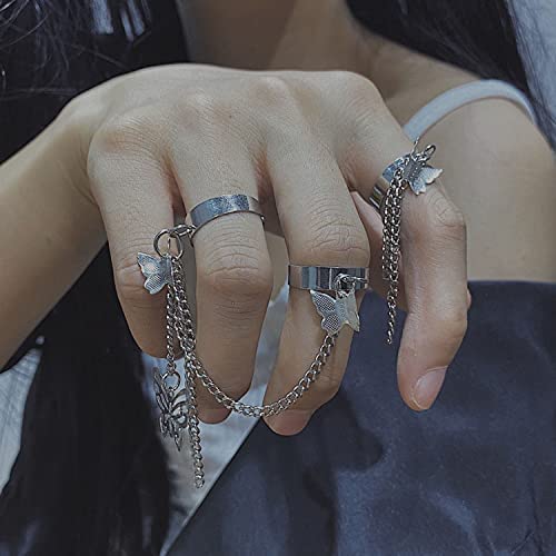 Gothic Punk Chain Finger Rings Set, 17PCS Adjustable Stackable Vintage Silver Emo Rings for Women Men Girls ,Smiley Cross Butterfly Knuckle Rings