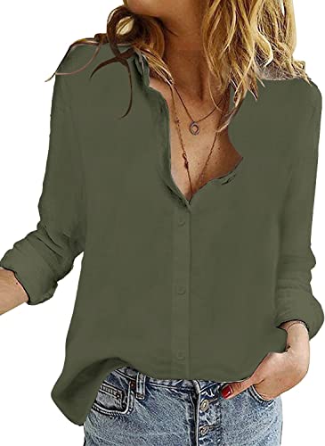 Womens V Neck Button Down Linen Shirts Long Sleeve Blouses Roll Up Casual Work Plain Solid Tops