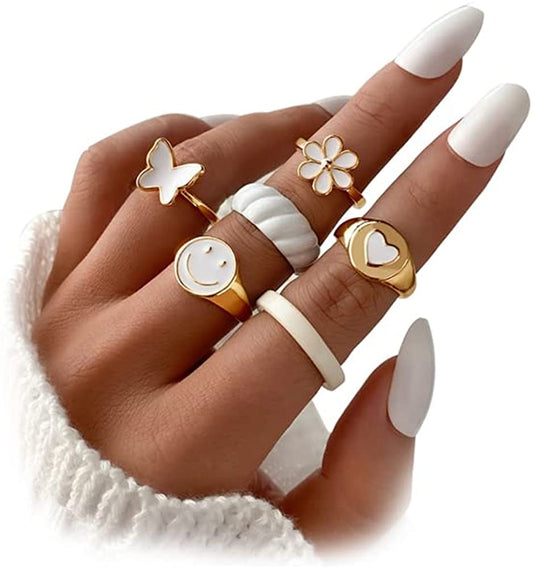 Cute Rings for Women Teen Girls Chunky Rings Y2K Jewelry Trendy Smiley Face Flower Heart Butterfly Rings Aesthetic Statement Stackable Rings Set By KISS WIFE