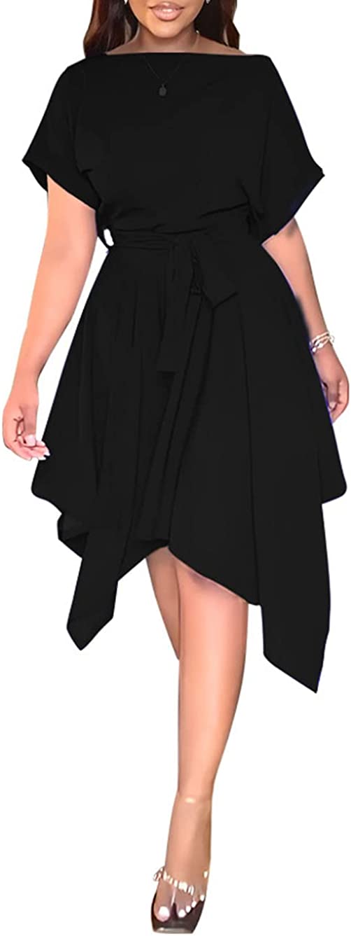 Women's Elegant Wear to Work Belted Pleated Flared Short Sleeve V Neck Casual Midi Dress for Cocktail Party