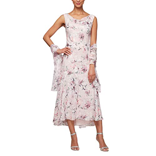 Evenings Women's Tea Length Printed Chiffon Dress with Shawl