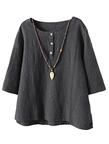 Women's 3/4 Sleeve Cotton Linen Jacquard Blouses Top T-Shirt