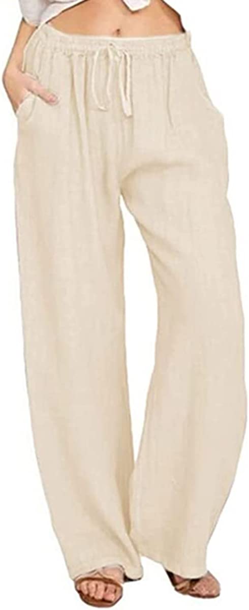 Women's Cotton Linen Drawstring High Waisted Wide Leg Palazzo Pants