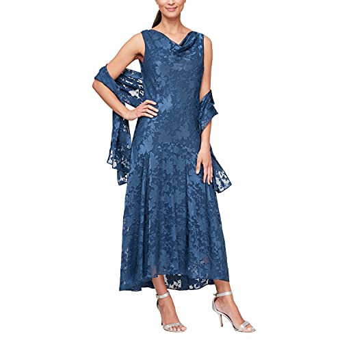 Evenings Women's Tea Length Printed Chiffon Dress with Shawl