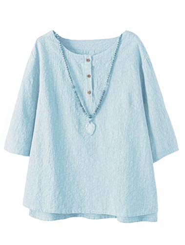 Women's 3/4 Sleeve Cotton Linen Jacquard Blouses Top T-Shirt