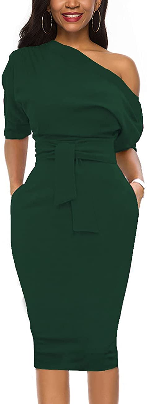 Womens Wear to Work Casual one Shoulder Belted Pencil Dress with Pockets