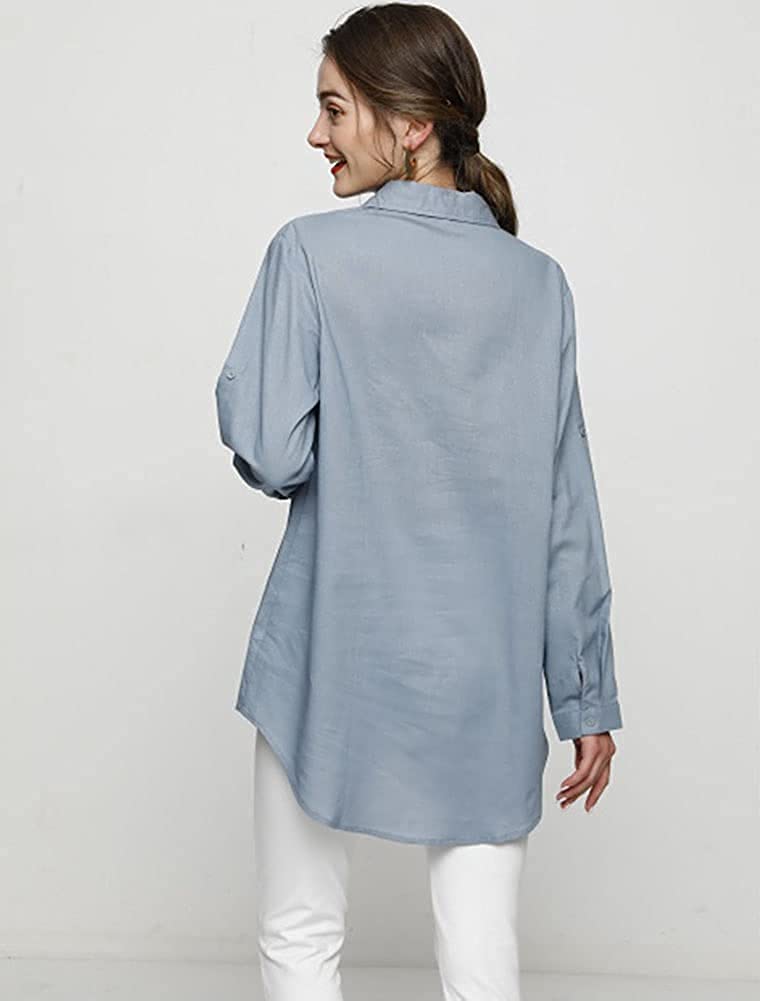 Women's Linen Blouse High Low Shirt Roll-Up Sleeve Tops
