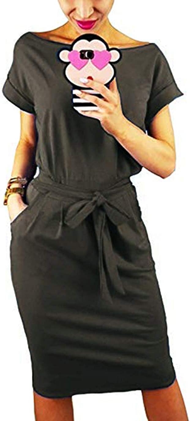 Women's Elegant Short Sleeve Wear to Work Casual Pencil Dress with Belt …