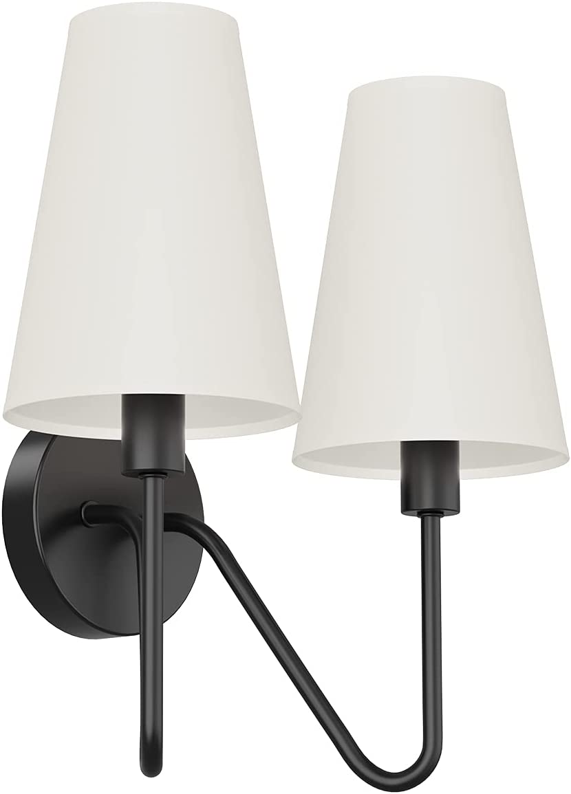 Electro bp;Double Head Classic 2 Lights Wall Sconces Lighting Fixture Black with Beige White Linen Fabric Lamp Shades E12 80W Hardwire;