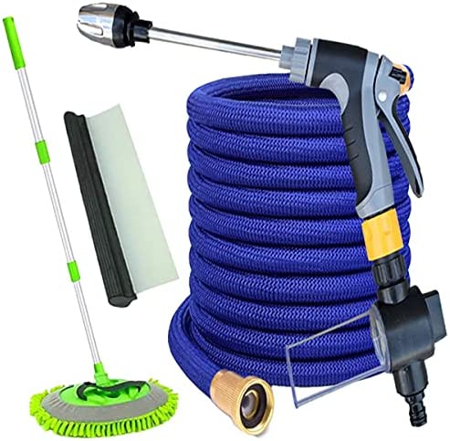 Car Wash Kit with 50ft Expandable Garden Hose, Bubble Gun,Metal High Pressure Gun, Microfiber Car Wash Mop, Car Water Scraper, 3/4" Solid Brass Connector, All in One