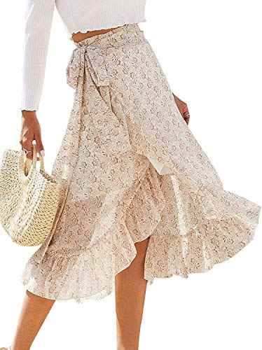 Womens Boho Floral Print High Waisted Wrap Skirts Ruffle Hem Tie Knot Summer Chiffon Flowy Midi Skirts