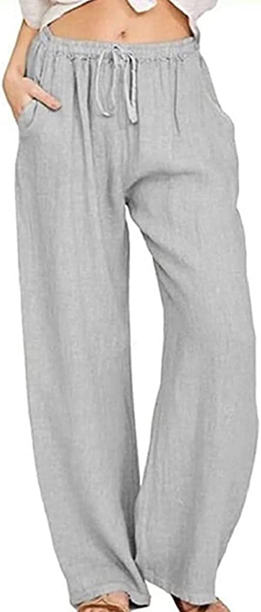 Women's Cotton Linen Drawstring High Waisted Wide Leg Palazzo Pants