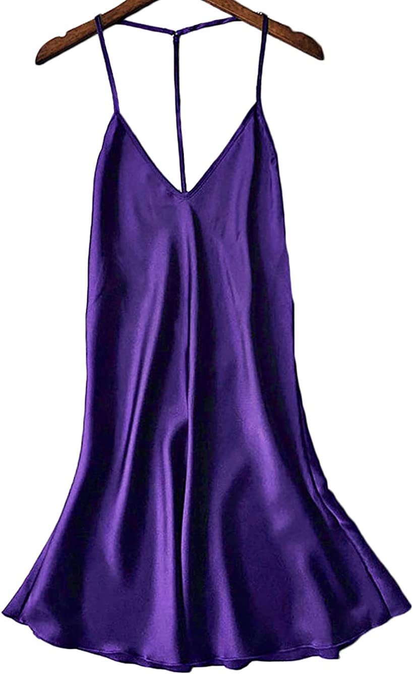 Kaei&Shi Silky Satin Nightie,Backless Lingerie for Women,Loose Sleepwear,Mini Nightgown,Spaghetti Strap Chemise