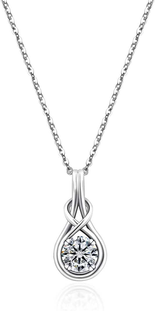 Moissanite Pendant Necklace: 1 Carat Round Cut Moissanite Solitaire Diamond Necklace with White Gold Plated Chain - Trendy Infinity Knot Gem Jewelry for Women Girl