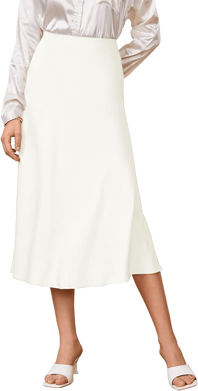 Women's High Waist A Line Skirts Solid Zipper Up Flared Midi Skirt