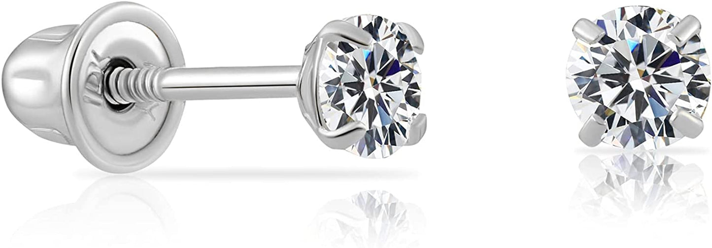 14k White Gold Solitaire Round Cubic Zirconia CZ Stud Earrings in Secure Screw-backs