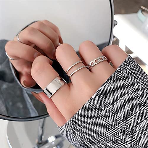 Gothic Punk Chain Finger Rings Set, 17PCS Adjustable Stackable Vintage Silver Emo Rings for Women Men Girls ,Smiley Cross Butterfly Knuckle Rings