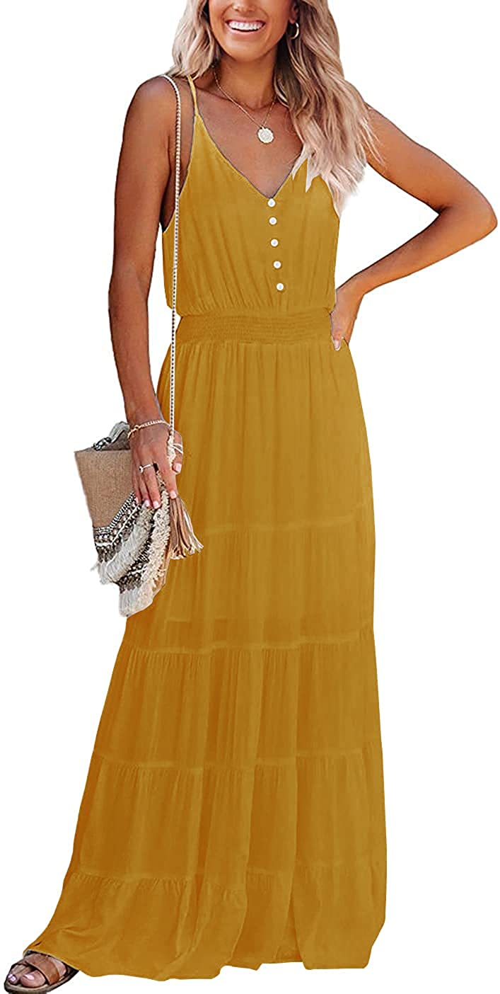 Women's Causal Summer Dress Spaghetti Strap Sleeveless High Waist Beach Long Maxi Dresses