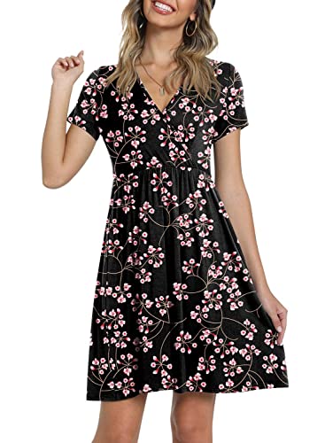 Summer Women's V Neck Dress, Printed Short Sleeve Neck Dress, Casual Loose Floral Beach Dress, Swing A-Line Dresses