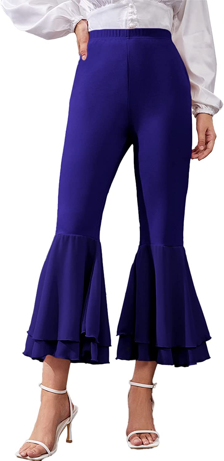 Women's Elastic Waist Layered Ruffle Flare Bell Cropped Pant