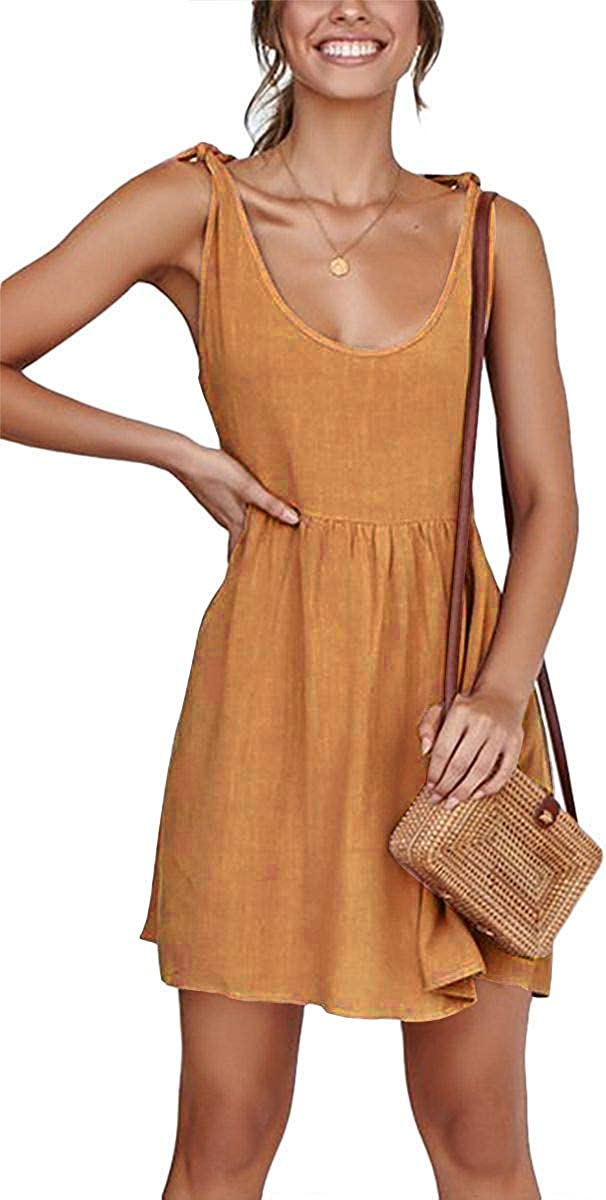 Womens Summer Shoulder Tie Strap Babydoll Dress Casual Scoop Neck A-Line Skater Swing Mini Sundress