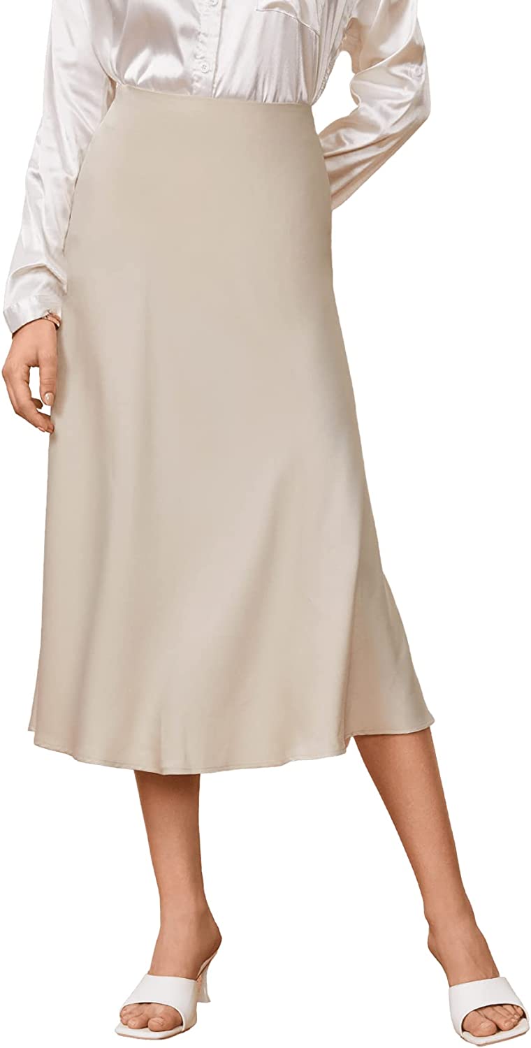 Women's High Waist A Line Skirts Solid Zipper Up Flared Midi Skirt