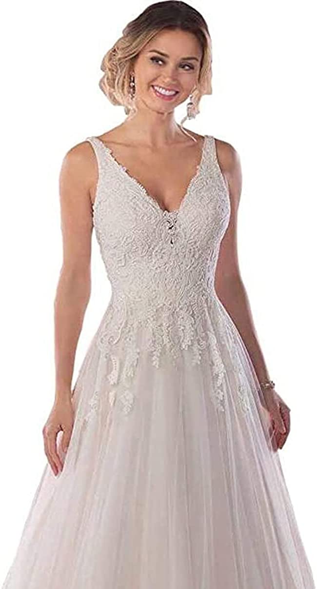 Women's Boho Wedding Dresses for Bride A-line V-Neck Lace Tulle Beach Bridal Gowns
