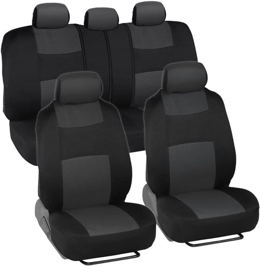Car Seat Covers Full Set in Charcoal on Black – Front and Rear Split Bench Car Seat Cover, Easy to Install, Interior Covers for Auto Truck Van SUV