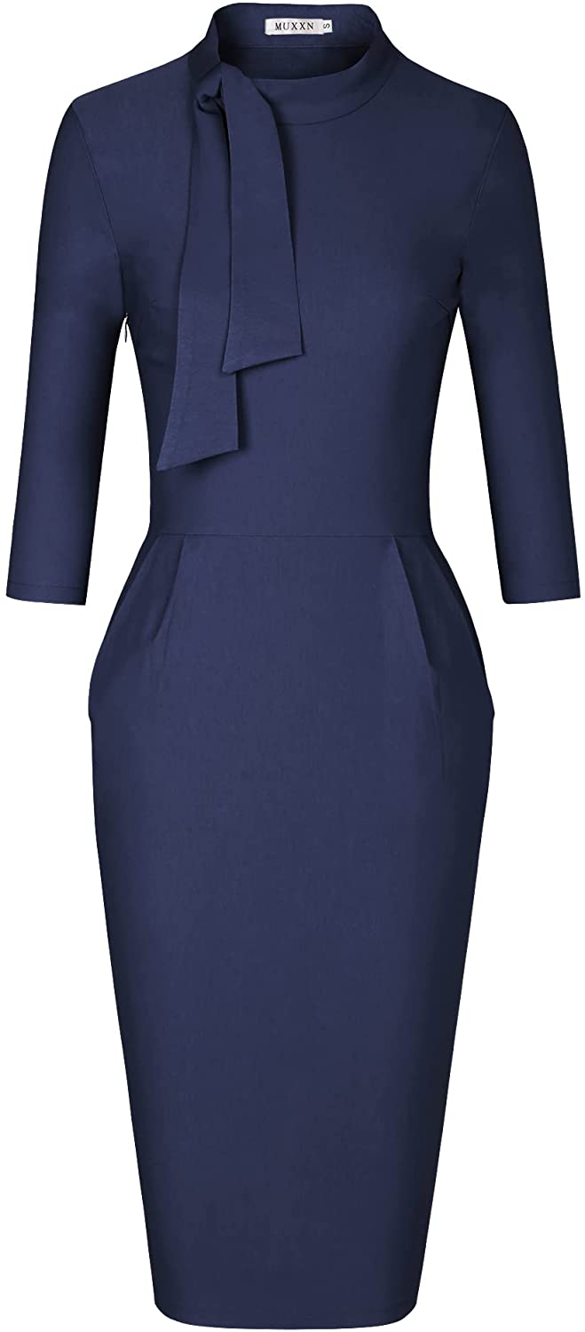 Women's Classic Vintage Tie Neck Formal Cocktail Dress with Pocket