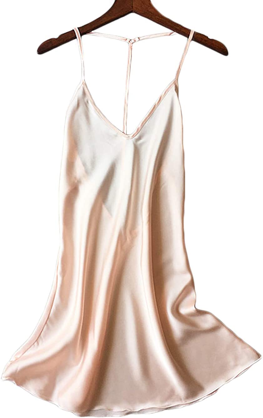 Kaei&Shi Silky Satin Nightie,Backless Lingerie for Women,Loose Sleepwear,Mini Nightgown,Spaghetti Strap Chemise