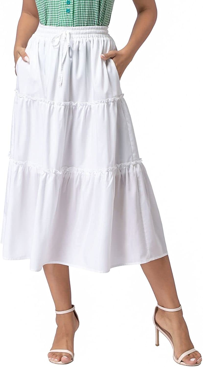 Women's Boho Elastic High Waist A Line Ruffle Swing Beach Maxi Skirt with Pockets
