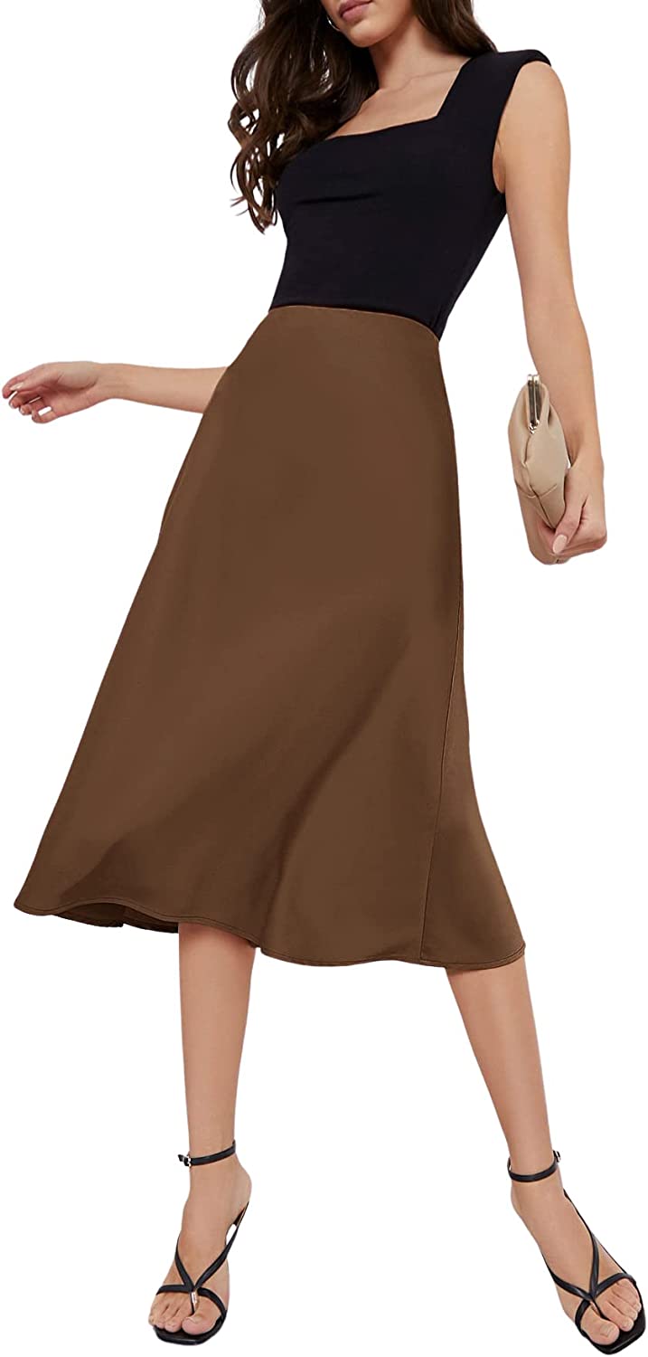 Women's High Waist A Line Skirts Solid Zipper Up Flared Midi Skirt