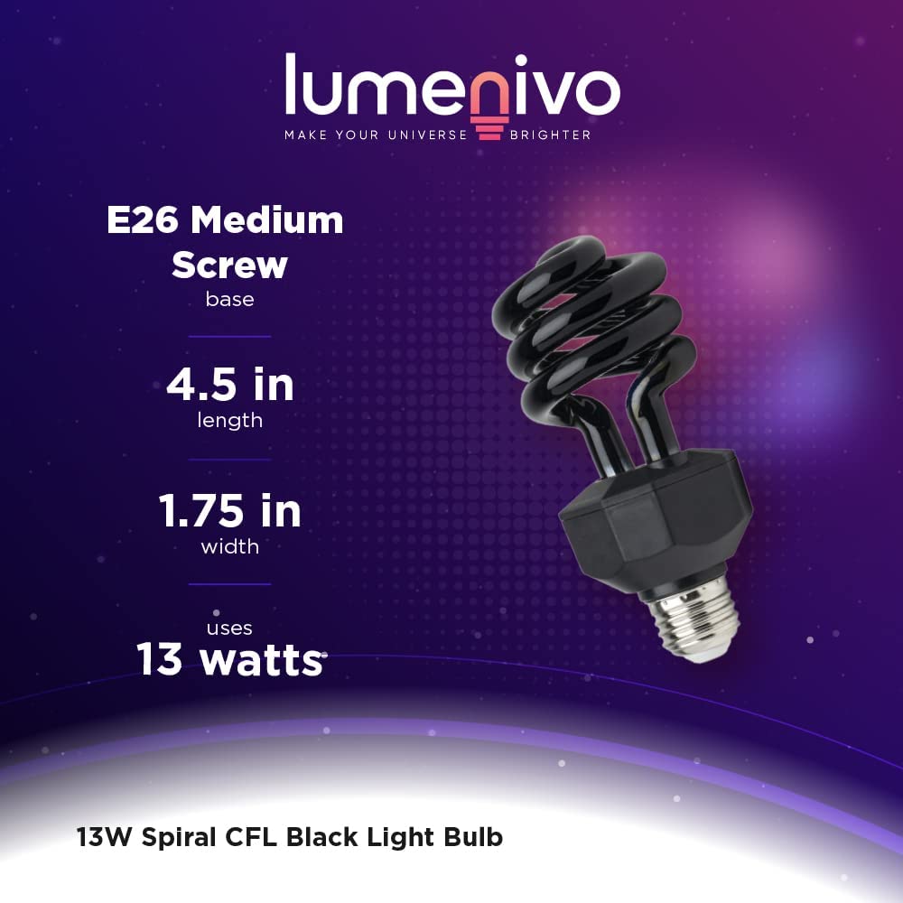 13W CFL Blacklight Bulb by Lumenivo - Spiral Black Light CFL Bulb E26 Medium Screw Base for Halloween, Party, Decorative Lighting - Glow in The Dark Effect - 120V - 2 Pack
