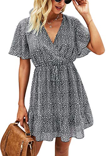 Women’s Summer Dress Short Sleeve Ruffle Leopard Print Sexy V Neck High Waist Short Flowy Mini Dress with Belt