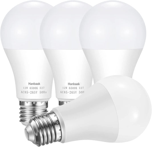100W Equivalent Light Bulb, Hanbaak 12W E27 LED Bulbs Medium Screw Base, Non-Dimmable, Daylight White 6500K 4-Pack
