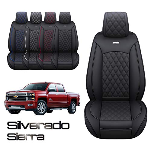 Seat Covers for Cars Full Set Chevy Chevrolet Silverado GMC Sierra Pickup 2007-2022 1500 2500HD 3500HD Trail Boss Z71 Crew Double Extended Cab Waterproof Leather Protectors (Full Set, Black)