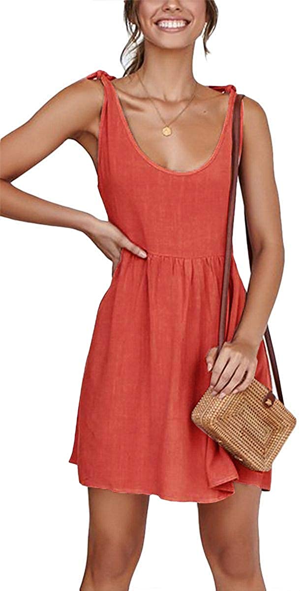 Womens Summer Shoulder Tie Strap Babydoll Dress Casual Scoop Neck A-Line Skater Swing Mini Sundress