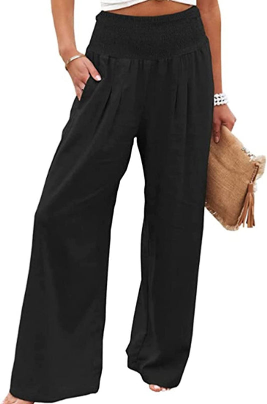 Women's High Waist Cotton Linen Pants Elastic Straight Wide Leg Smocked Pockets Beach Pants
