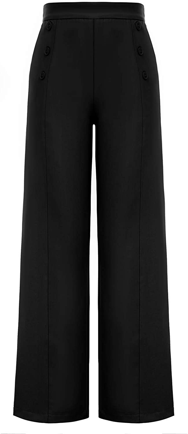 Women's High Waisted Wide Leg Pants Button Decorated Casual Stretchy Trousers with Pockets